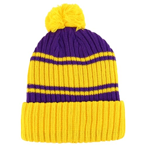 Trendy Apparel Shop Stripe Pattern Ribbed Knit Cuff Long Beanie with Pom Pom