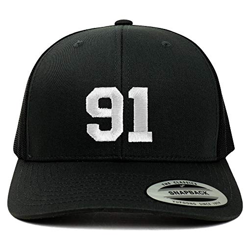 Trendy Apparel Shop Number 91 White Thread Embroidered Retro Trucker Mesh Cap