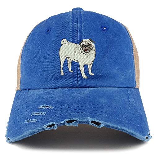 Trendy Apparel Shop Pug Dog Embroidered Frayed Bill Trucker Mesh Back Cap