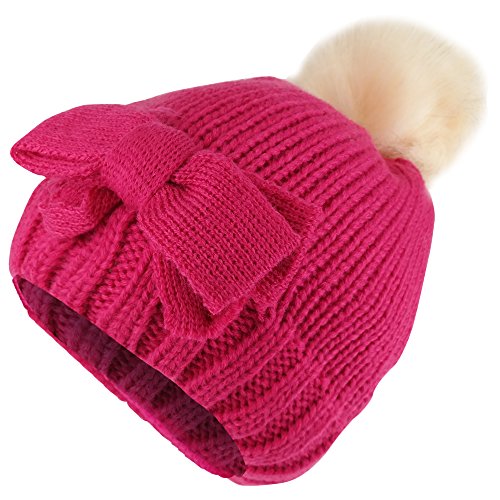 Trendy Apparel Shop Kid's Girl Bow Knit Beanie with Fur Pom Pom