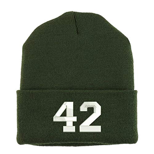 Trendy Apparel Shop Number 42 Collegiate Varsity Embroidered Made in USA Cuff Folded Acylic Knit Winter Beanie Hat