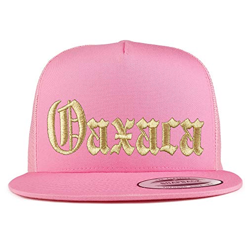 Trendy Apparel Shop Old English Oaxaca Gold Embroidered 5 Panel Flatbill Trucker Mesh Cap