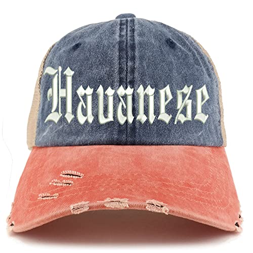 Trendy Apparel Shop Old English Havanese Frayed Bill Trucker Mesh Back Cap