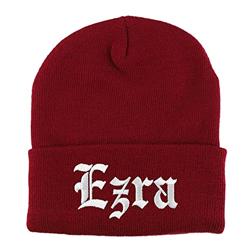 Trendy Apparel Shop Ezra Old English Embroidered Long Cuff Beanie