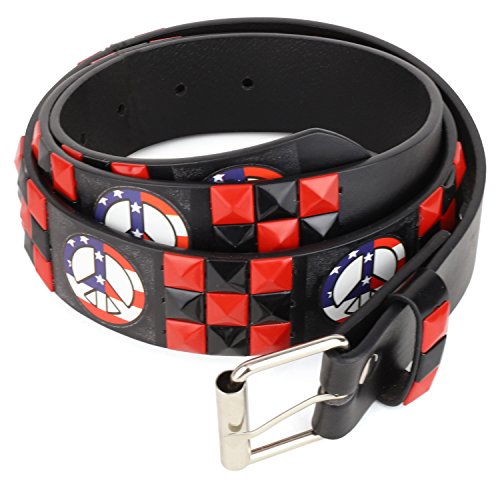 Trendy Apparel Shop USA Flag Peace Logo Printed Color Tile Genuine Leather Belt