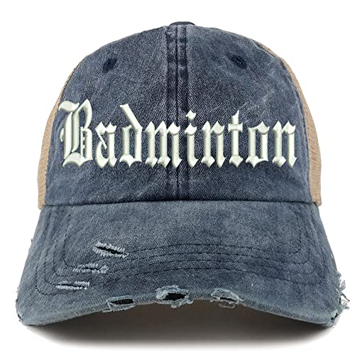 Trendy Apparel Shop Old English Badminton Frayed Bill Trucker Mesh Back Cap