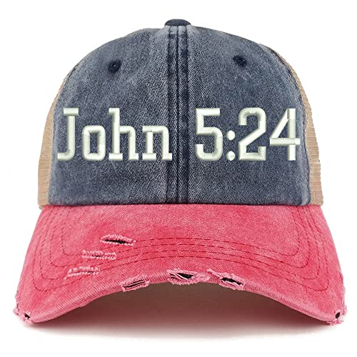 Trendy Apparel Shop John 5:24 Frayed Bill Trucker Mesh Back Cap