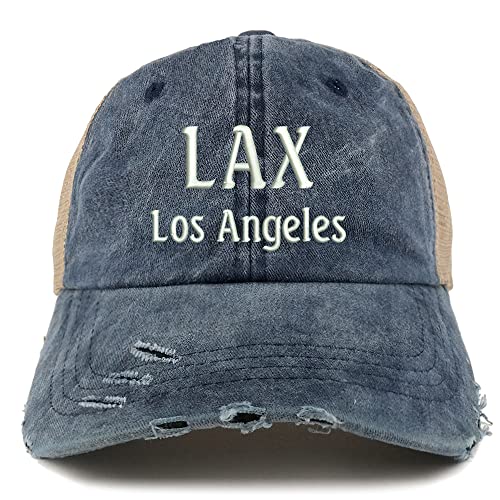 Trendy Apparel Shop LAX Los Angeles Embroidered Frayed Bill Trucker Mesh Back Cap