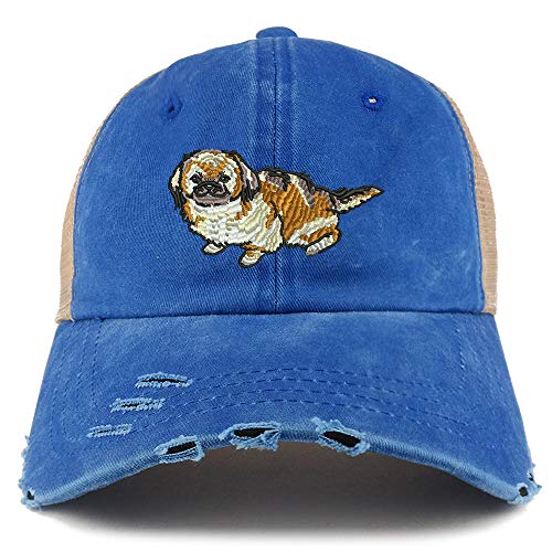 Trendy Apparel Shop Pekingese Dog Embroidered Frayed Bill Trucker Mesh Back Cap
