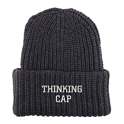 Trendy Apparel Shop Thinking Cap Embroidered Long Cuffed Thick Ribbed Beanie