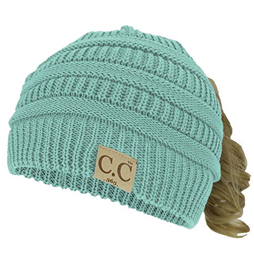 Trendy Apparel Shop Women's Lightweight Ribbed Knit 365 Stretchable Ponytail Beanie Cap