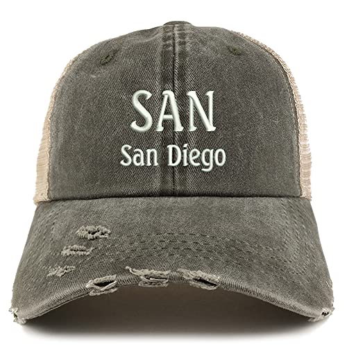 Trendy Apparel Shop SAN San Diego Embroidered Frayed Bill Trucker Mesh Back Cap