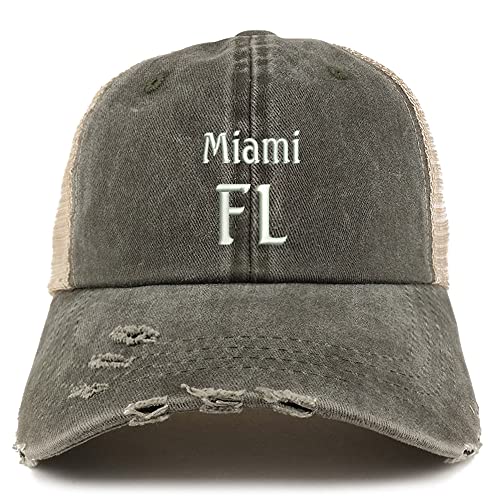 Trendy Apparel Shop Miami FL Embroidered Frayed Bill Trucker Mesh Back Cap