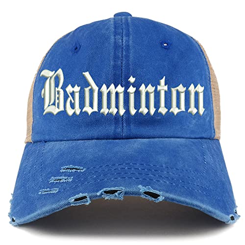 Trendy Apparel Shop Old English Badminton Frayed Bill Trucker Mesh Back Cap