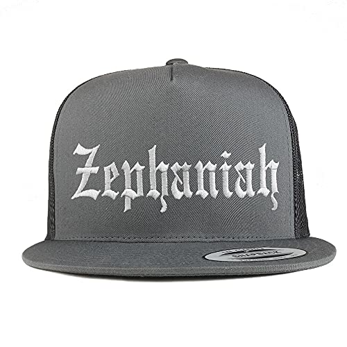 Trendy Apparel Shop Zephaniah Old English 5 Panel Flatbill Trucker Cap