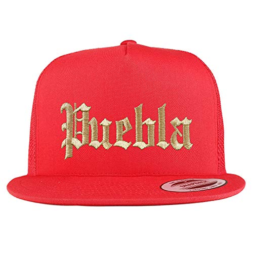 Trendy Apparel Shop Old English Puebla Gold Embroidered 5 Panel Flatbill Trucker Mesh Cap