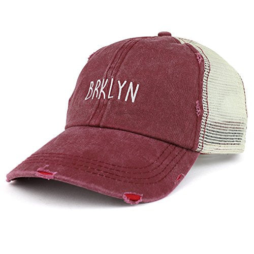 Trendy Apparel Shop Brklyn Embroidered Unstructured Washed Frayed Trucker Mesh Cap