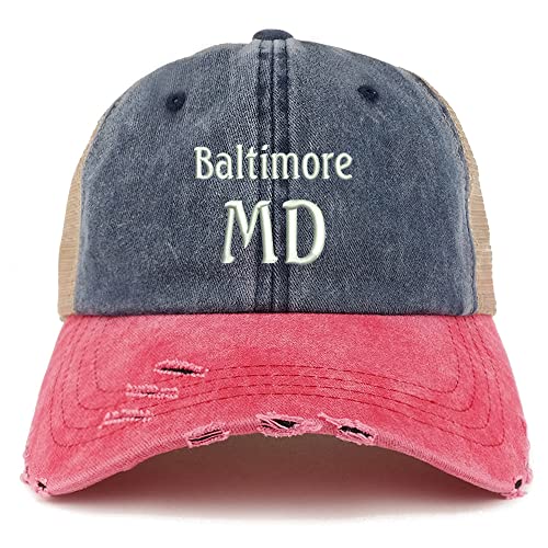 Trendy Apparel Shop Baltimore MD Embroidered Frayed Bill Trucker Mesh Back Cap