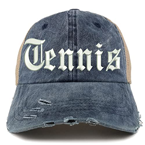 Trendy Apparel Shop Old English Tennis Frayed Bill Trucker Mesh Back Cap