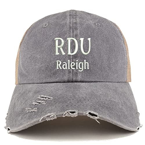 Trendy Apparel Shop RDU Raleigh Embroidered Frayed Bill Trucker Mesh Back Cap