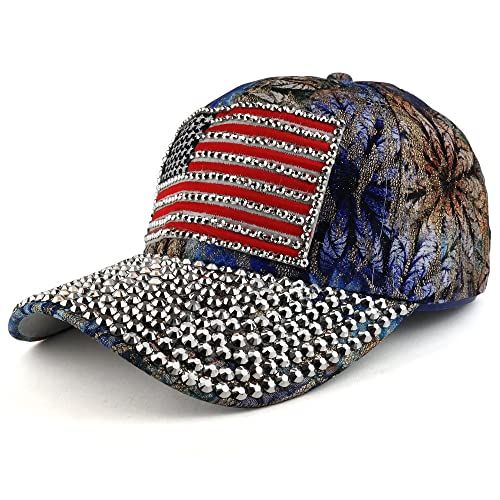 Trendy Apparel Shop Bling Studded USA Flag Floral Laced Structured Baseball Cap