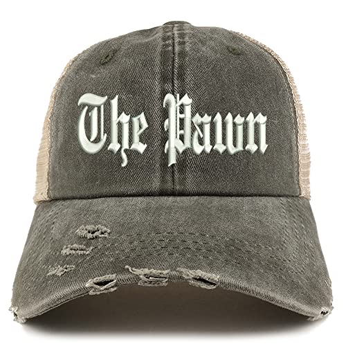 Trendy Apparel Shop The Pawn Old English Embroidered Frayed Bill Trucker Mesh Back Cap