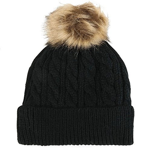 Trendy Apparel Shop Kid's Cable Knit Cuffed Up Fur Pom Winter Beanie