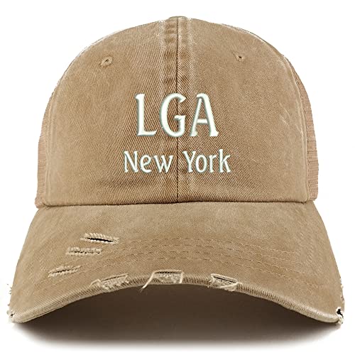 Trendy Apparel Shop LGA New York Embroidered Frayed Bill Trucker Mesh Back Cap