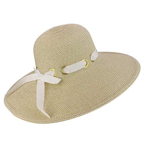 Trendy Apparel Shop UPF 50+ Paper Braid Flat Brim Ribbon Gromet Tie Sun Hat