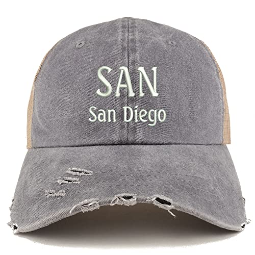 Trendy Apparel Shop SAN San Diego Embroidered Frayed Bill Trucker Mesh Back Cap