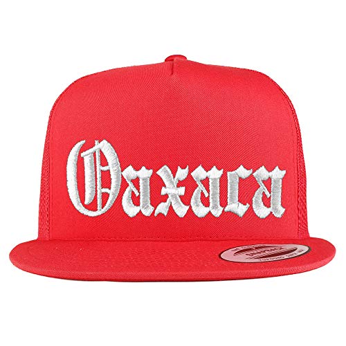 Trendy Apparel Shop Old English Oaxaca White Embroidered 5 Panel Flatbill Trucker Mesh Cap