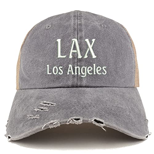 Trendy Apparel Shop LAX Los Angeles Embroidered Frayed Bill Trucker Mesh Back Cap