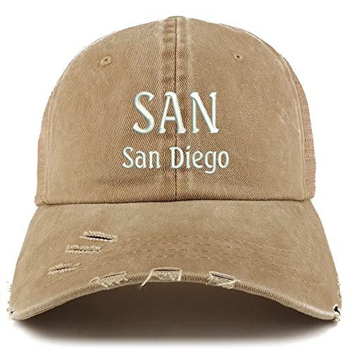 Trendy Apparel Shop SAN San Diego Embroidered Frayed Bill Trucker Mesh Back Cap