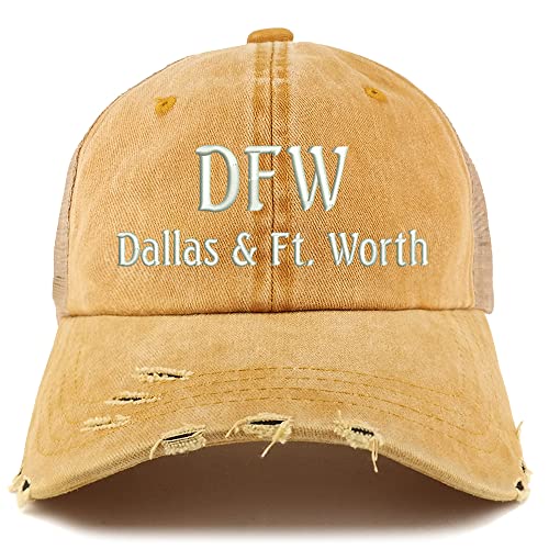 Trendy Apparel Shop DFW Dallas and Fort Worth Embroidered Frayed Bill Trucker Mesh Back Cap