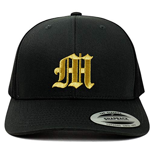 Trendy Apparel Shop Old English Gold M Embroidered Retro Trucker Mesh Baseball Cap