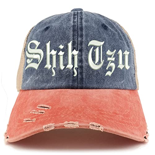Trendy Apparel Shop Old English Shih Tzu Frayed Bill Trucker Mesh Back Cap