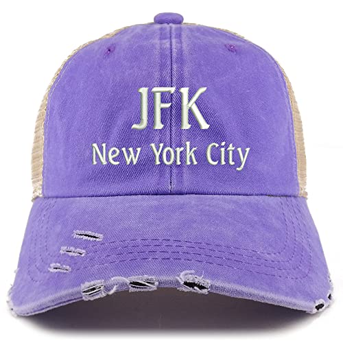 Trendy Apparel Shop JFK New York City Embroidered Frayed Bill Trucker Mesh Back Cap