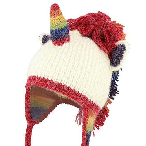 Trendy Apparel Shop Rainbow Unicorn 100% Hand Knit Earflap Funny Beanie Hat - White