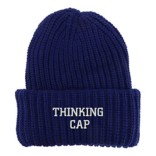 Trendy Apparel Shop Thinking Cap Embroidered Long Cuffed Thick Ribbed Beanie