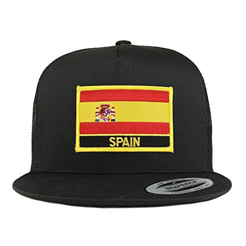 Trendy Apparel Shop Spain Flag 5 Panel Flatbill Trucker Mesh Snapback Cap