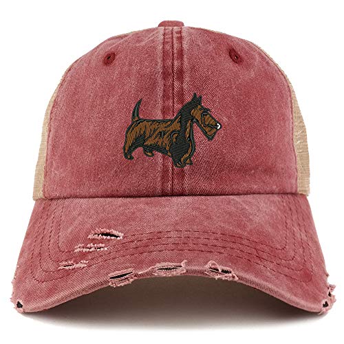 Trendy Apparel Shop Scottish Terrier Dog Embroidered Frayed Bill Trucker Mesh Back Cap