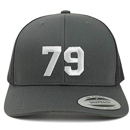 Trendy Apparel Shop Number 79 White Thread Embroidered Retro Trucker Mesh Cap