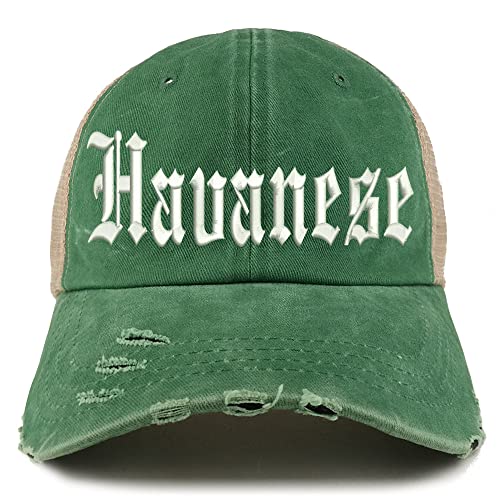 Trendy Apparel Shop Old English Havanese Frayed Bill Trucker Mesh Back Cap