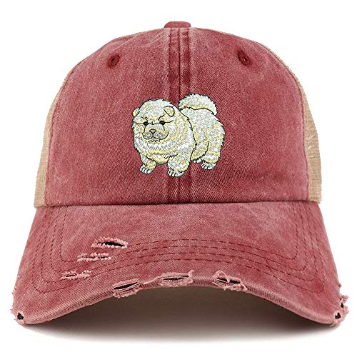 Trendy Apparel Shop Chow Chow Dog Embroidered Frayed Bill Trucker Mesh Back Cap