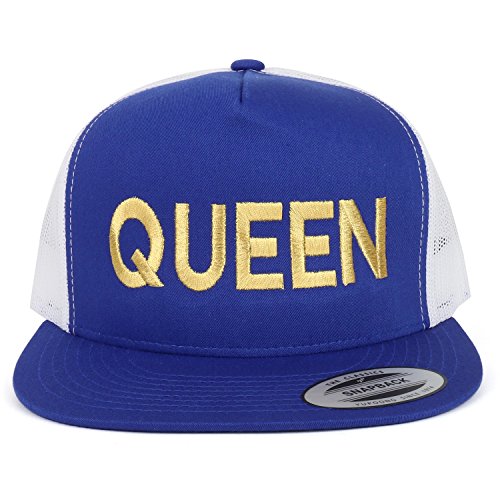 Trendy Apparel Shop Queen Gold Embroidered 5 Panel Flat Bill 2-Tone Mesh Cap