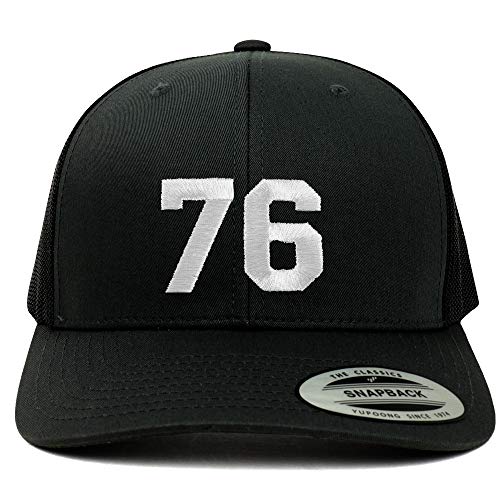 Trendy Apparel Shop Number 76 White Thread Embroidered Retro Trucker Mesh Cap - Black