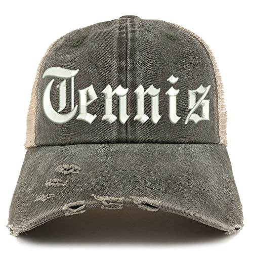 Trendy Apparel Shop Old English Tennis Frayed Bill Trucker Mesh Back Cap