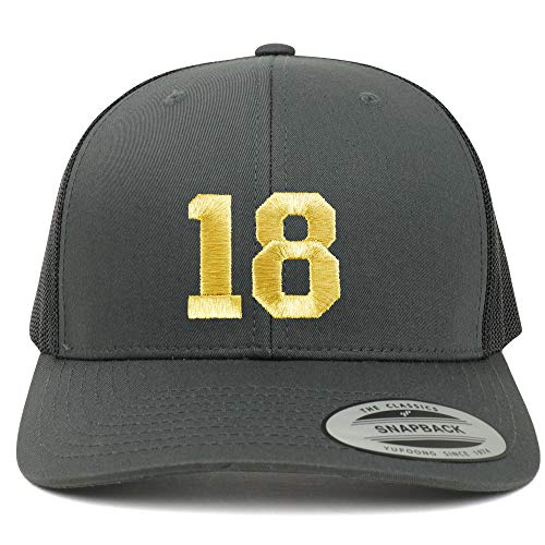 Trendy Apparel Shop Number 18 Gold Thread Embroidered Retro Trucker Mesh Cap