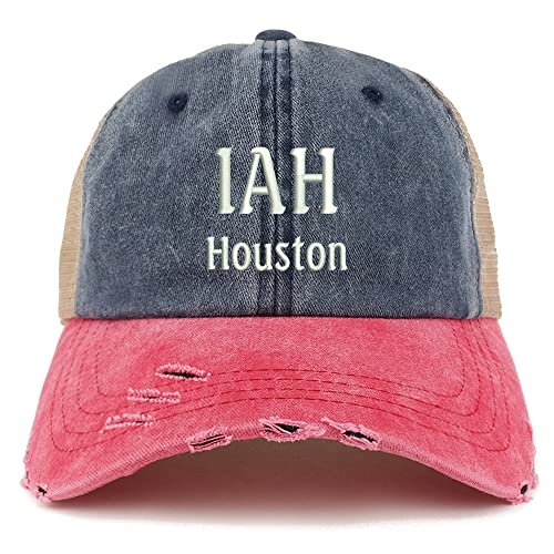 Trendy Apparel Shop IAH Houston Embroidered Frayed Bill Trucker Mesh Back Cap
