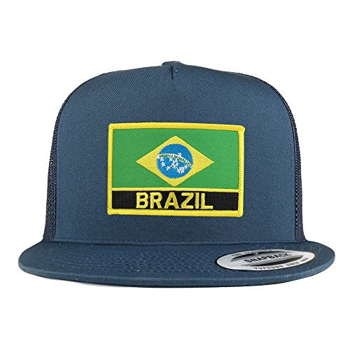 Trendy Apparel Shop Brazil Flag 5 Panel Flatbill Trucker Mesh Snapback Cap